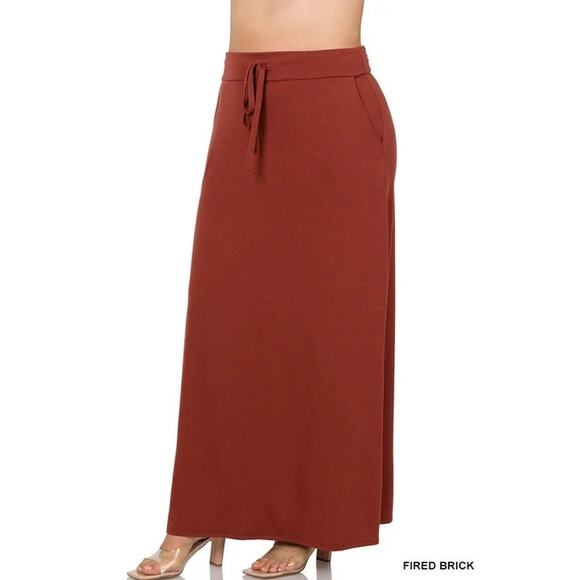 NWOT Zenana Outfitters Burgundy Brick Red Drawstring Maxi Skirt Size 1X - Picture 1 of 12